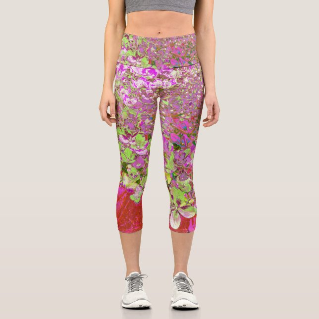 Leggings Capri Élégante Chartreuse Vert, Rose et Bleu Hydrangée (Recto)