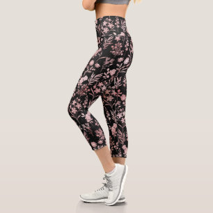 Leggings Capri Élégante Rose Fleurs d'or Noir Botanique