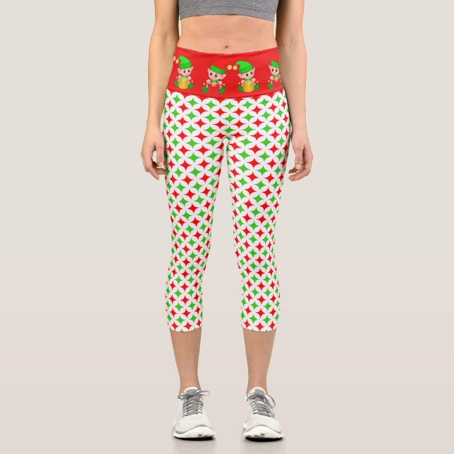 Leggings Capri elfe de Noël avec motif étoile diamant rouge vert (Recto)
