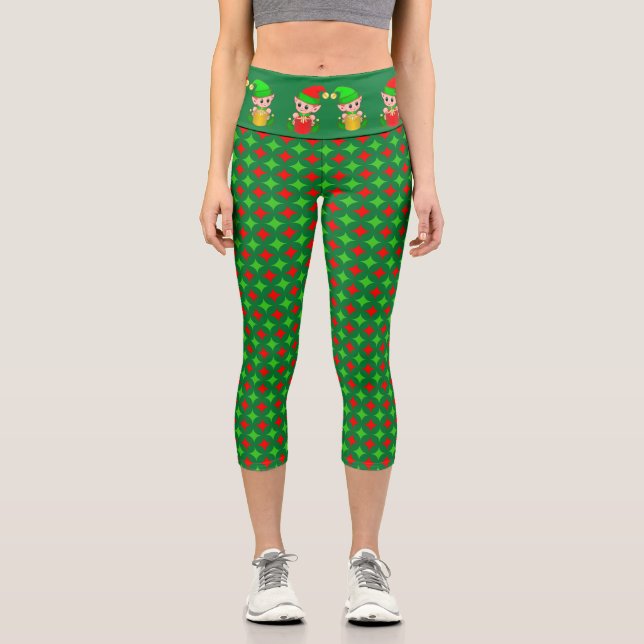 Leggings Capri elfe de Noël avec motif étoile diamant rouge vert (Recto)