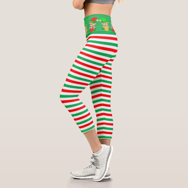 Leggings Capri elfe de Noël et vert, rouge, blanc rayé (Gauche)