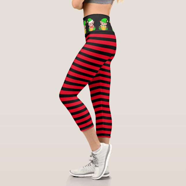 Leggings Capri elfe de Noël rayé rouge et noir (Gauche)