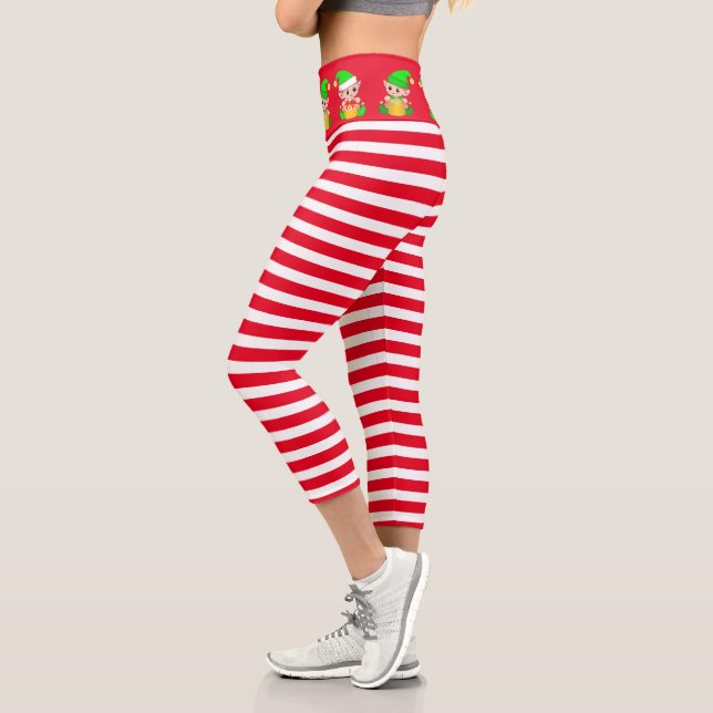 Leggings Capri elfe de Noël sur rayé rouge et blanc (Gauche)