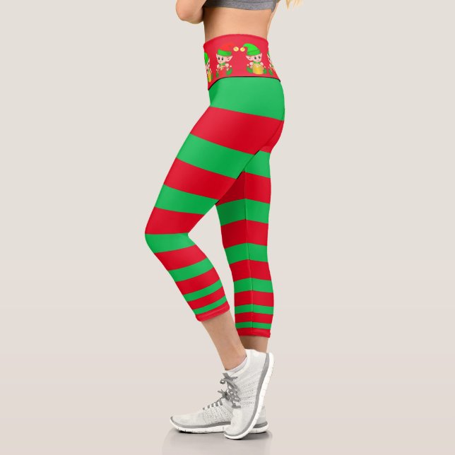 Leggings Capri elfe de Noël vert et rouge rayé (Gauche)