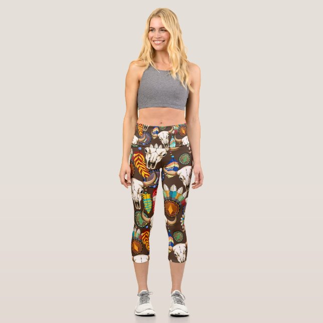 Leggings Capri Emblème amérindien de crâne de buffle (Recto)