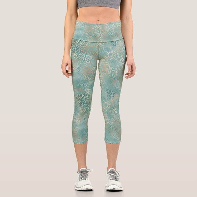 Leggings Capri Empreinte de léopard turquoise Gold Glam (Recto)
