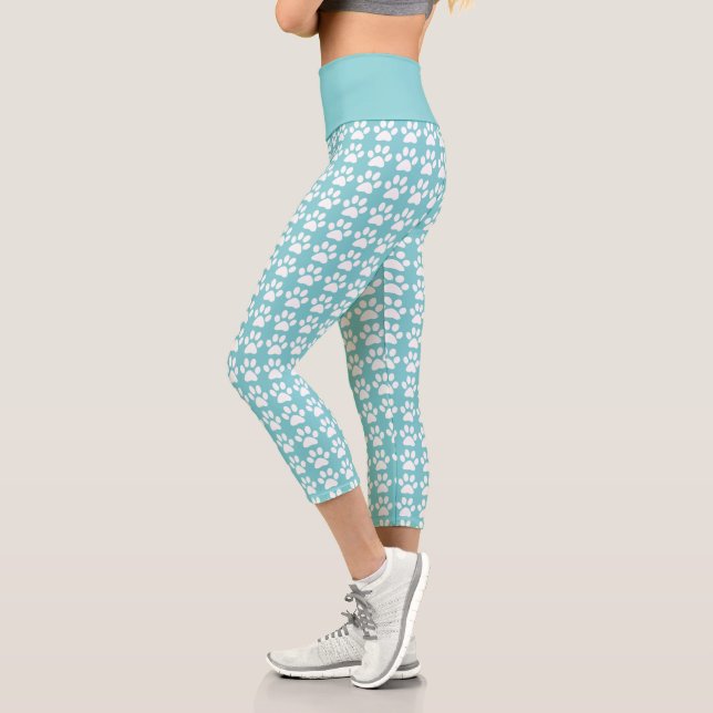Leggings Capri Empreinte de patte Turquoise Blanc Motif Athlétiqu (Gauche)