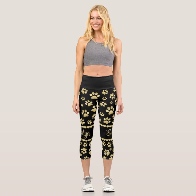Leggings Capri Empreintes de Patte Dorées sur Fond Noir avec Nom  (Recto)