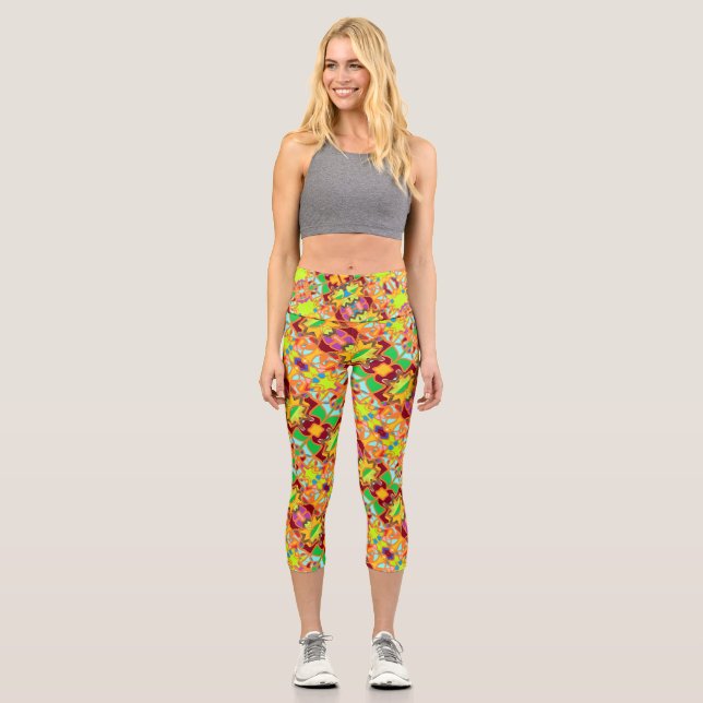 Leggings Capri étoiles vives et fleurs répéter motif dynamique co (Recto)