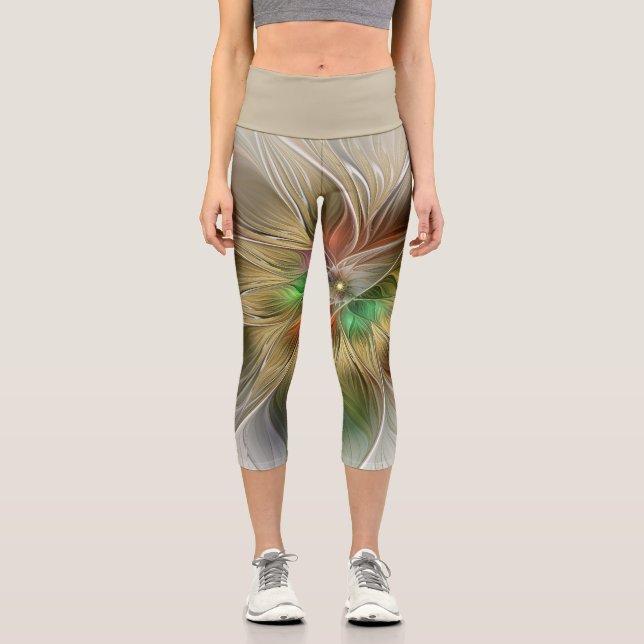 Leggings Capri Fantaisie florale avec fractal abstrait moderne or (Recto)