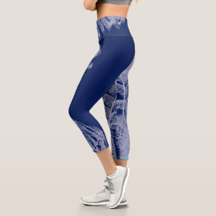 Leggings Capri Fern Feuille Texture croquis Bleu blanc