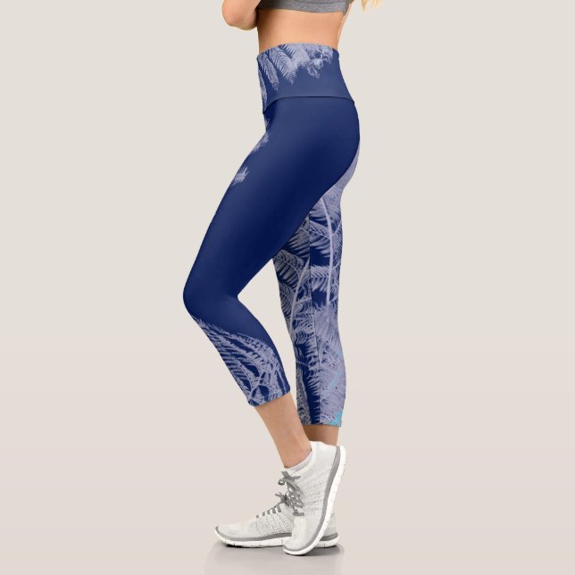 Leggings Capri Fern Feuille Texture croquis Bleu blanc (Gauche)