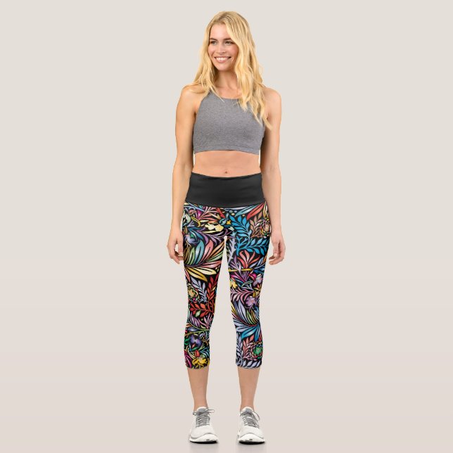 Leggings Capri Feuille arc-en-ciel sur fond noir (Recto)