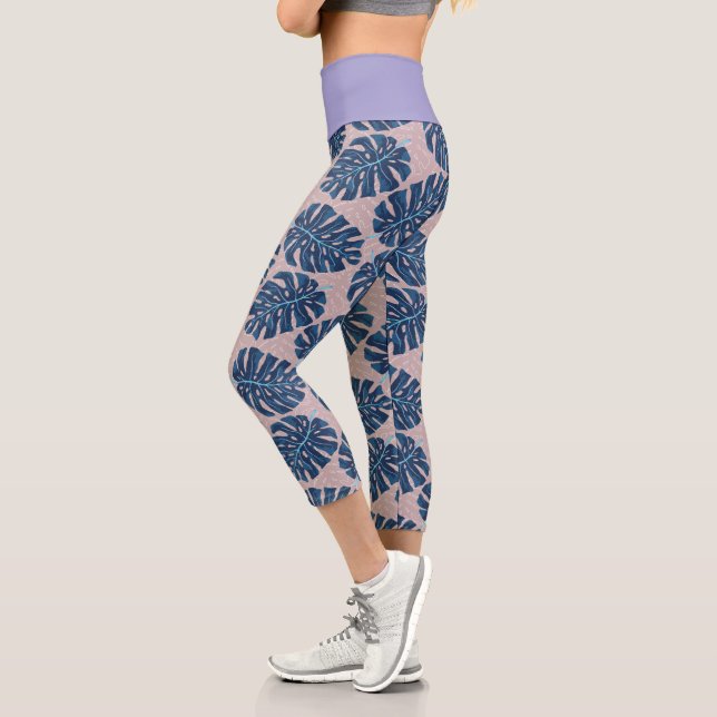 Leggings Capri Feuille Tropicale Monstera Gris Bleu (Gauche)