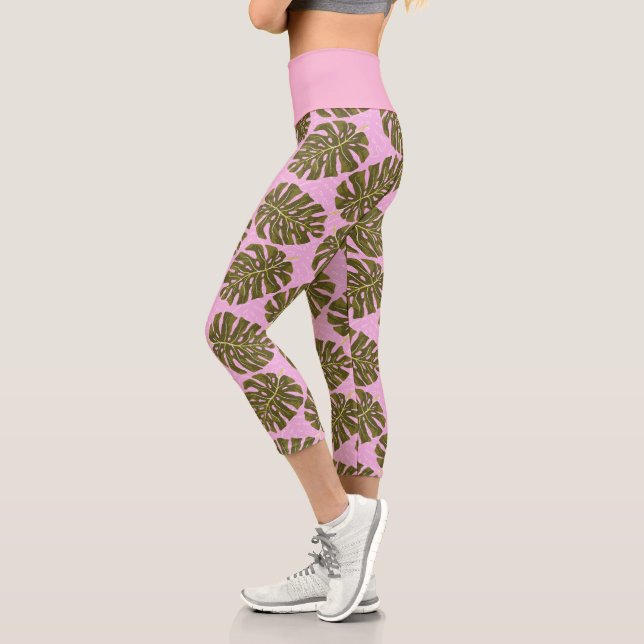 Leggings Capri Feuille Tropicale Monstera Rose Vert (Gauche)