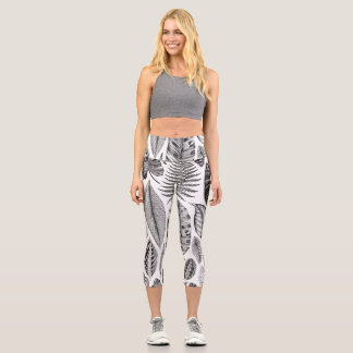 Leggings Capri Feuilles exotiques, vintage floral noir et blanc.