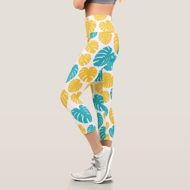 Leggings Capri Feuilles Monstera en Turquoise, Jaune et Blanc (Gauche)