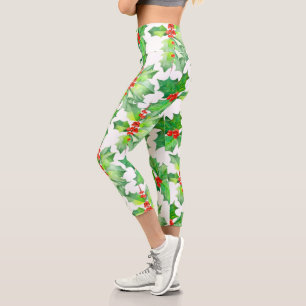 Leggings Capri Feuilles saints, baies, Noël Floral vert rouge