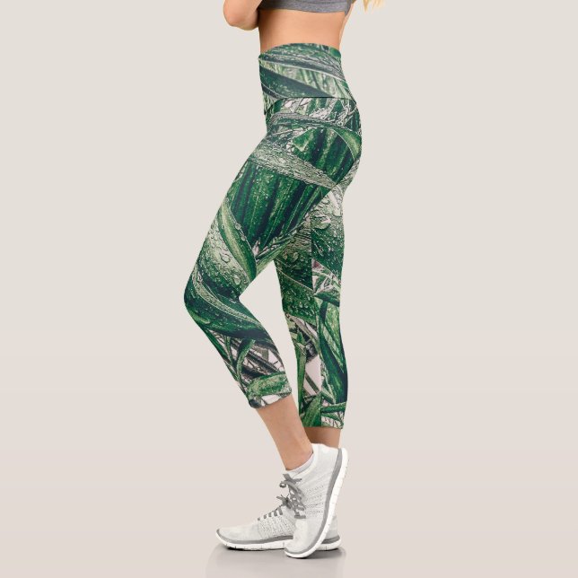 Leggings Capri Feuilles tropicaux avec Raindrops (Gauche)