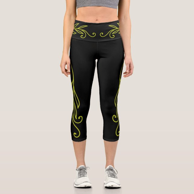 Leggings Capri Feuilles Vertes Fluorescentes Courbées (Recto)