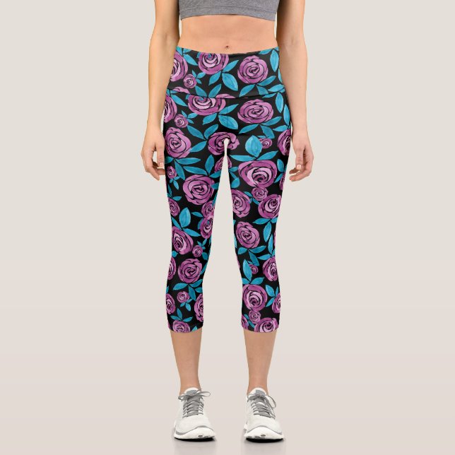 Leggings Capri Fille moderne violet Turquoise vert Floral Aquarel (Recto)