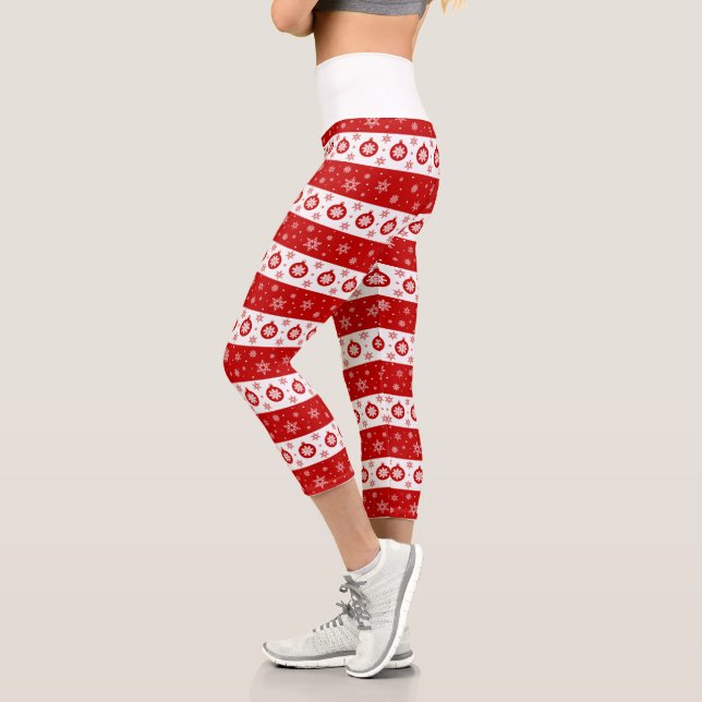Leggings Capri Flammes de neige et balles de Noël blanc et rouge (Gauche)