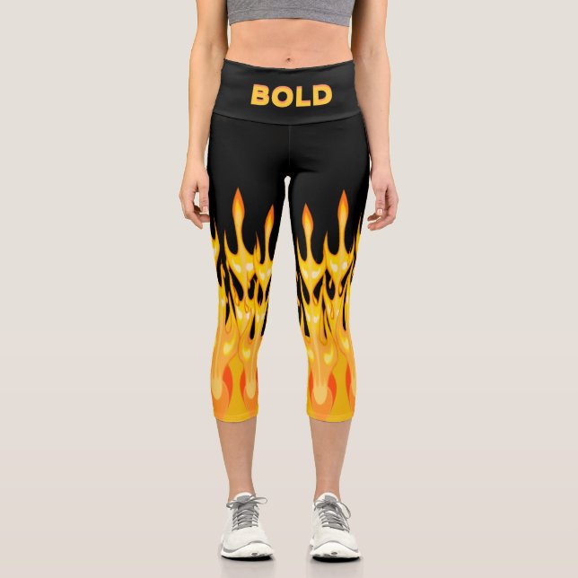 Leggings Capri Flammes jaunes orange en gras sur noir (Recto)