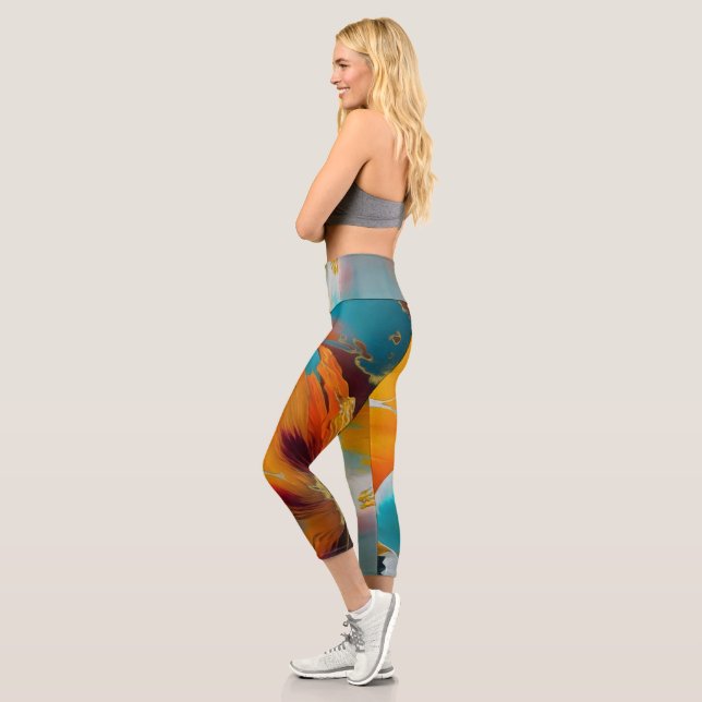 Leggings Capri Fleur abstraite en orange et sarcelle (Gauche)