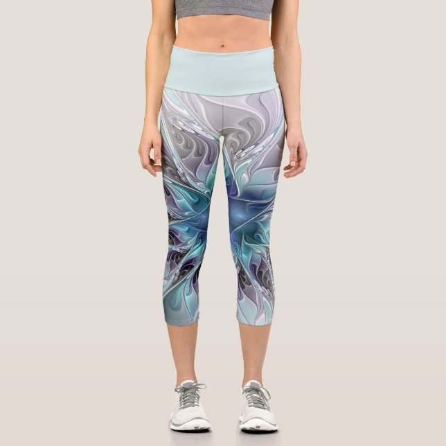 Leggings Capri Fleur Abstraite Fractale Moderne Avec Bleu (Recto)