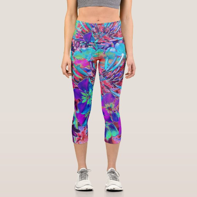 Leggings Capri Fleur abstraite violette et bleue en fleurs (Recto)