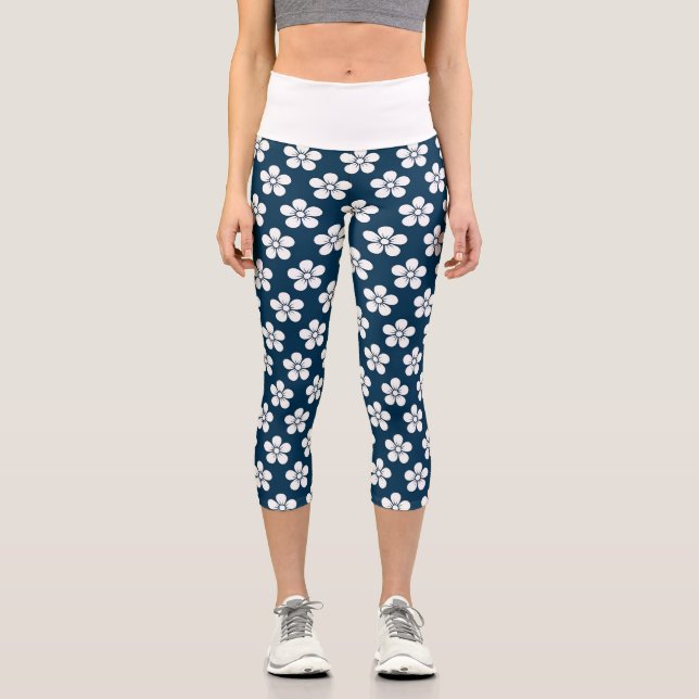 Leggings Capri Fleur blanche sur bleu foncé (Recto)