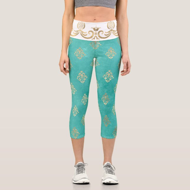 Leggings Capri Fleur de lis motif or turquoise (Recto)