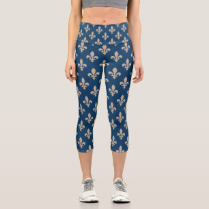 Leggings Capri Fleur de Lis Motif, Royal French, Crème sur Blue