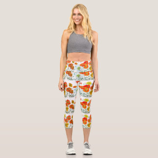Leggings Capri Fleur de pavot orange rouge aquarelle pavots