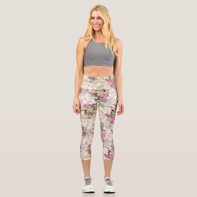 Leggings Capri Fleur décorative sans soudure avec perle jaune (Recto)