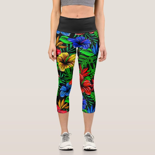 Leggings Capri Fleur d'Hibiscus bleu rouge tropical (Recto)