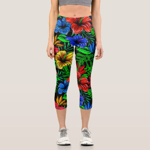 Leggings Capri Fleur d'Hibiscus bleu rouge tropical