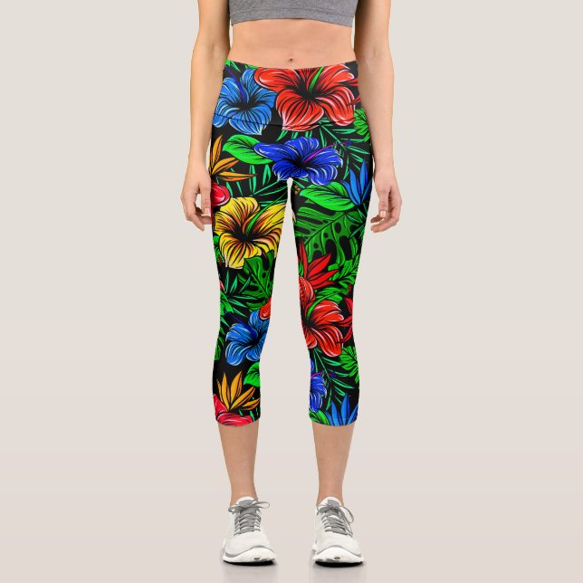 Leggings Capri Fleur d'Hibiscus bleu rouge tropical (Recto)