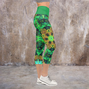Leggings Capri Fleur d'hippie psychédélique orange et jambe verte