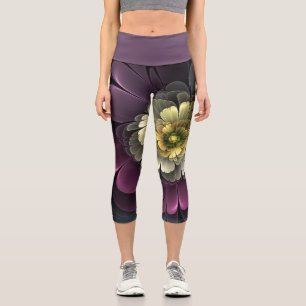 Leggings Capri Fleur fractale grise pourpre moderne abstraite