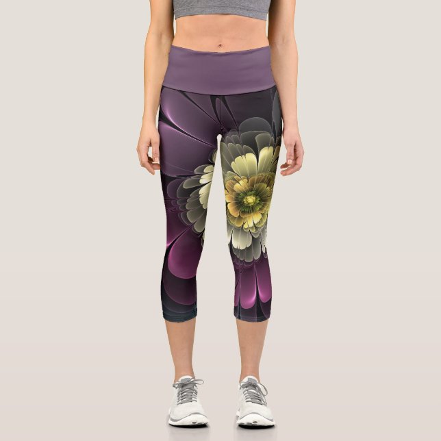Leggings Capri Fleur fractale grise pourpre moderne abstraite (Recto)