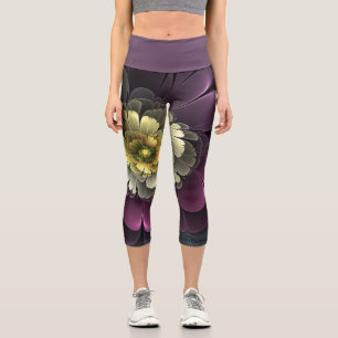 Leggings Capri Fleur fractale grise pourpre moderne abstraite