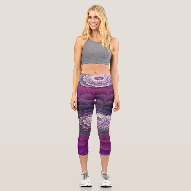 Leggings Capri Fleur frappante abstraite fractale couleur rose (Recto)