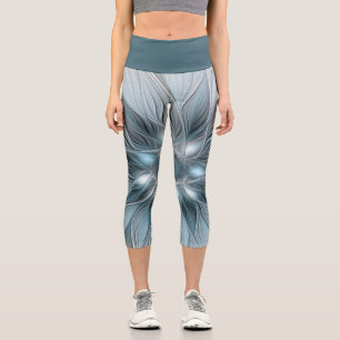 Leggings Capri Fleur joyeuse abstraite florale fractale bleue gri