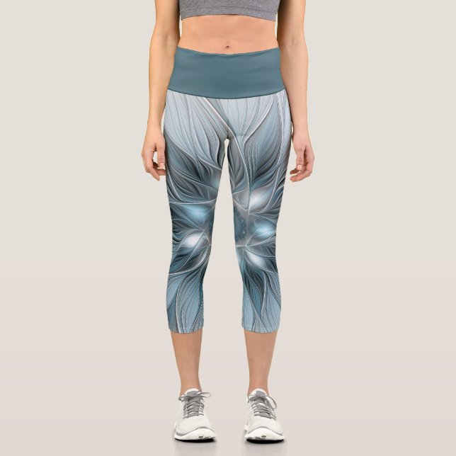 Leggings Capri Fleur joyeuse abstraite florale fractale bleue gri (Recto)