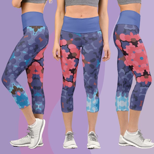 Leggings Capri Fleur Mandala rétro bleu et rose (Créateur téléchargé)