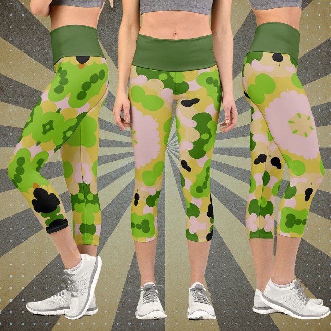Leggings Capri Fleur Retro Mandala jaune vert et blanc (Créateur téléchargé)