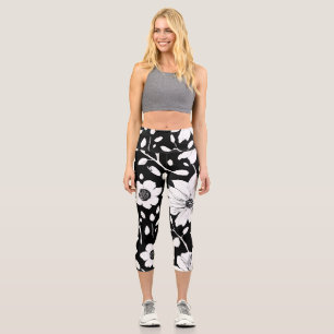 Leggings Capri Fleur simple noir et blanc Motif sans couture