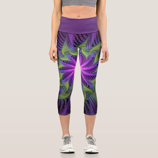 Leggings Capri Fleur verte violette Art fractal abstrait moderne (Recto)
