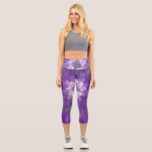Leggings Capri Fleur Violette Abstraite Art Fractal Psychédélique (Recto)